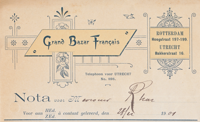 711151 Kop van een nota van de Grand Bazar Français, Warenhuis, Bakkerstraat 16 te Utrecht, ten name van mevrouw Rhar ...